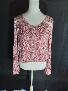 Hollister Red Floral V-Neck Long Sleeve Top
